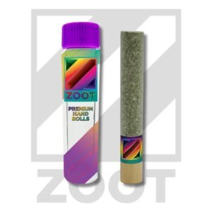 Zoot Premium Hand Rolls packaging beside a pre-rolled joint with colorful branding.
