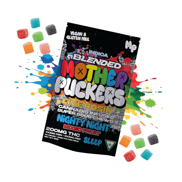 Mother Pucker 200mg THC 100mg CBN 100mg CBD Live Rosin Gummies Nighty Night Mixed Fruit Mother Pucker 200mg THC 100mg CBN 100mg CBD Live Rosin Gummies Nighty Night Mixed Fruit product image
